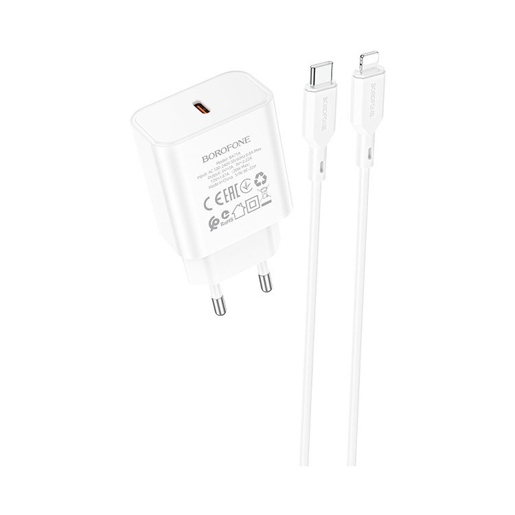 Сетевое зарядное устройство (СЗУ) Borofone BA71A (Type-C PD) + кабель Type-C-Lightning, 20 Вт/3 А, белый