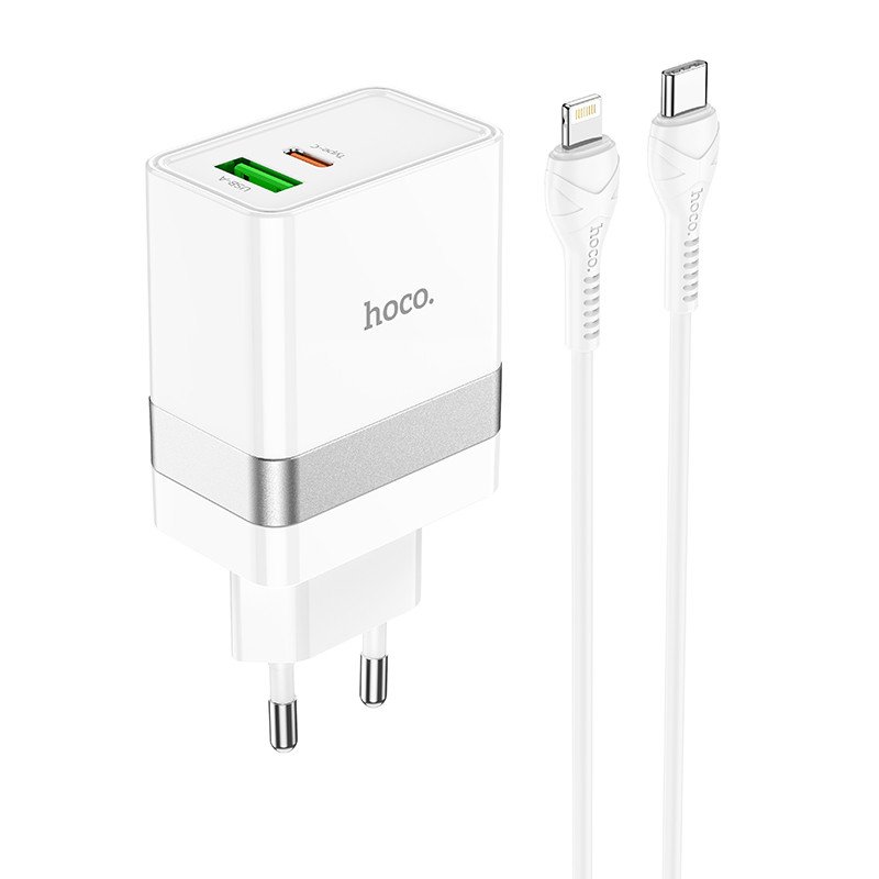 Сетевое зарядное устройство (СЗУ) Hoco N21 QC 3.0 (USB/Type-C) + кабель Type-C-Lightning, 30 Вт/3 А, белый