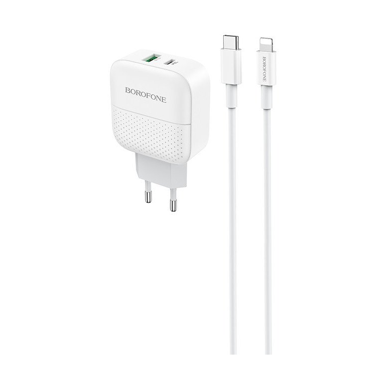Сетевое зарядное устройство (СЗУ) Borofone BA46A QC 3.0 (USB/Type-C PD) + кабель Type-C-Lightning, 18 Вт/3 А, белый