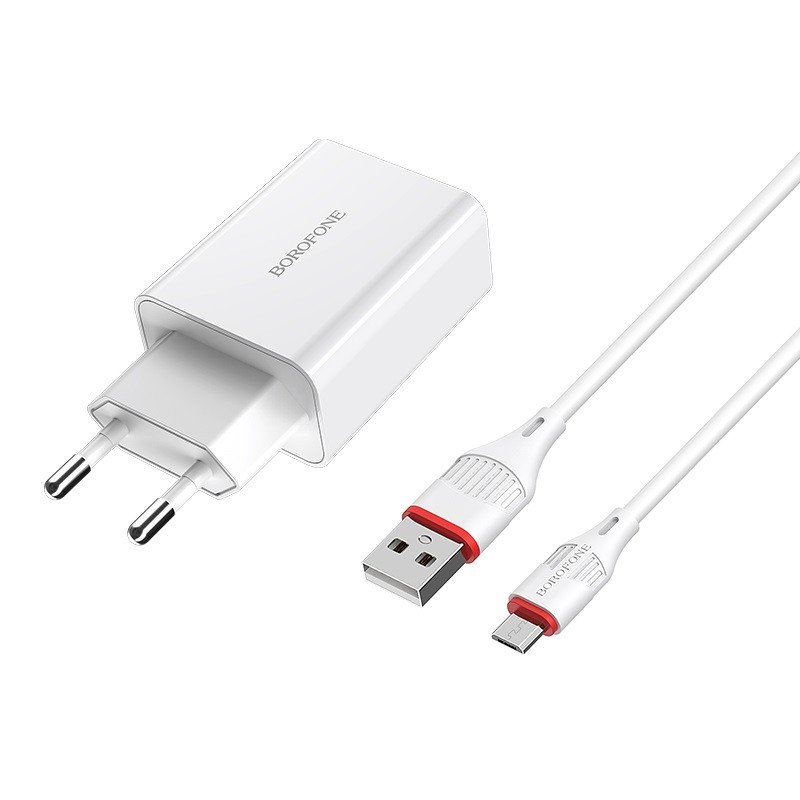 Сетевое зарядное устройство (СЗУ) Borofone BA21A QC 3.0 (USB) + кабель MicroUSB, 18 Вт/3 А, белый