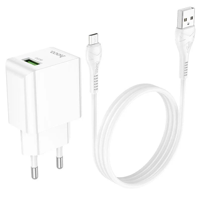 Сетевое зарядное устройство (СЗУ) Hoco C98A QC 3.0 (USB) + кабель MicroUSB, 18 Вт/3 А, белый