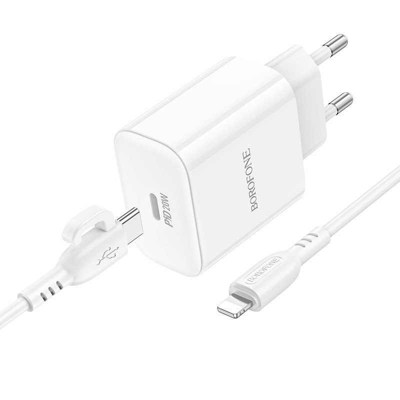 Сетевое зарядное устройство (СЗУ) Borofone BA81A (Type-C) QC3.0 + кабель Type-C-Lightning, 20 Вт/3 А, белый