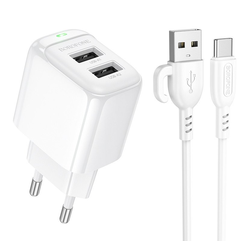 Сетевое зарядное устройство (СЗУ) Borofone BAS41A (2 USB) + кабель Type-C, 24 Вт/2.4 А, белый