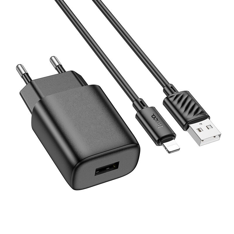 Сетевое зарядное устройство (СЗУ) Hoco C134A (USB PD) + кабель Lightning, 2.4 А, черный