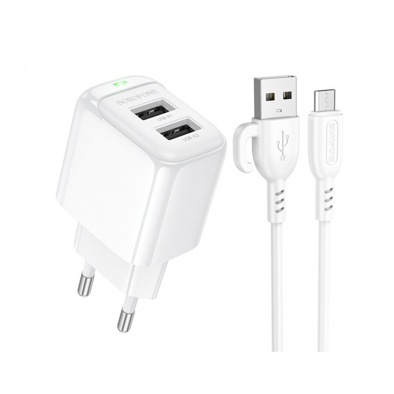 Сетевое зарядное устройство (СЗУ) Borofone BAS41A (2 USB) + кабель MicroUSB, 24 Вт/2.4 А, белый