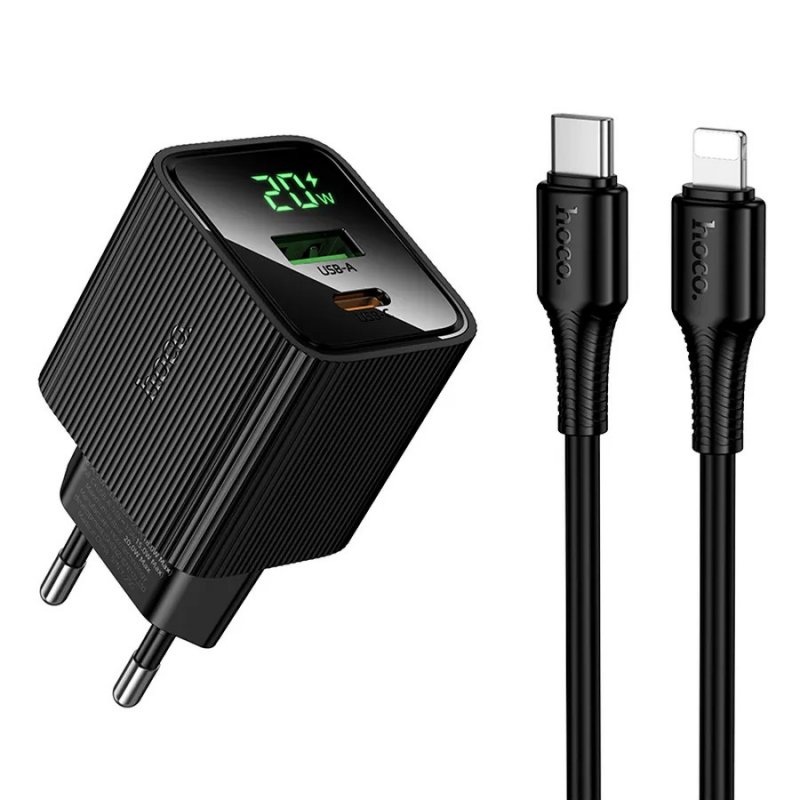 Сетевое зарядное устройство (СЗУ) Hoco CS83A (USB/Type-C PD) + кабель Type-C-Lightning, 20 Вт/3 А, черный