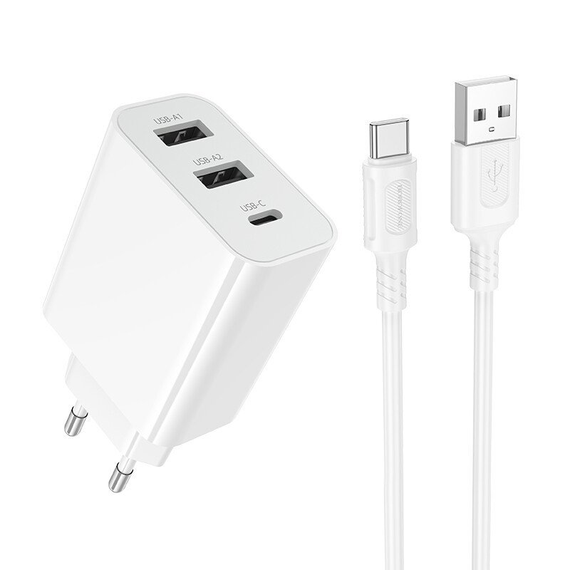 Сетевое зарядное устройство (СЗУ) Borofone BA105A (2 USB/1Type-C PD) + кабель Type-C, 3 А, белый